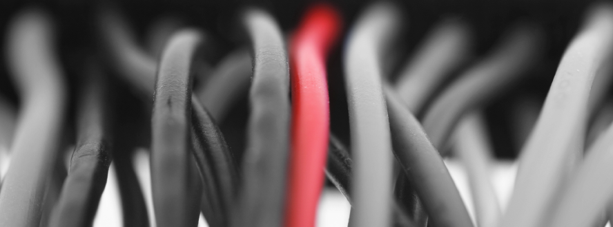 Cable harness with a single red cable in the center