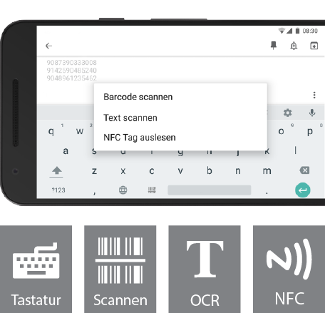 Android-Tastatur mit integrierten Barcode/QR/OCR/NFC Scannern