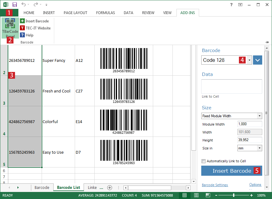 Excel Add-In: Create a List with Barcodes