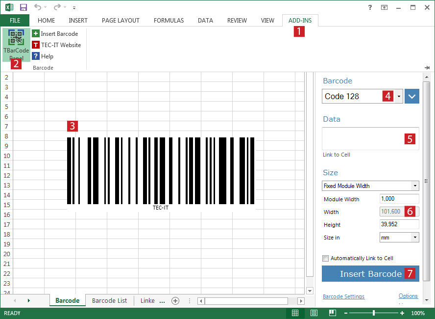 Insert Barcodes into Microsoft Excel with TBarCode Office