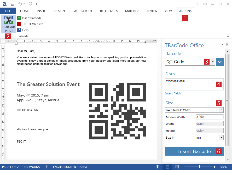 Insert Barcodes into Microsoft Word with TBarCode Office