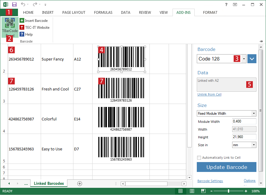 Excel Add-In: Link Barcodes to Cell Contents