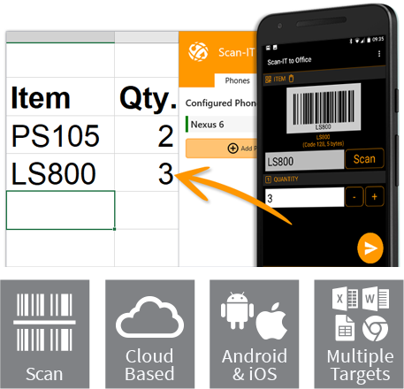 Barcode appears in Microsoft Word and Excel after being scanned by Scan-IT to Office