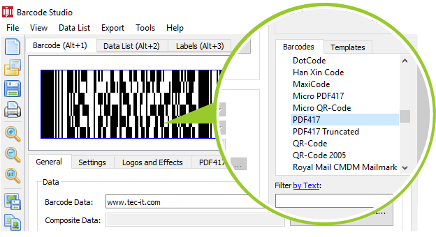 Creating a PDF417  Code in Barcode Studio